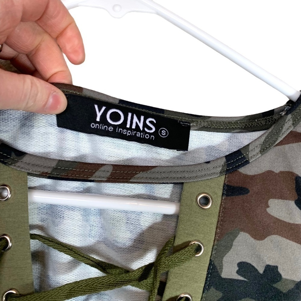 Boutique Yoins Military Camouflage Sexy Lace-Up V-Neck Long Sleeve Top Sz Small - Picture 9 of 16